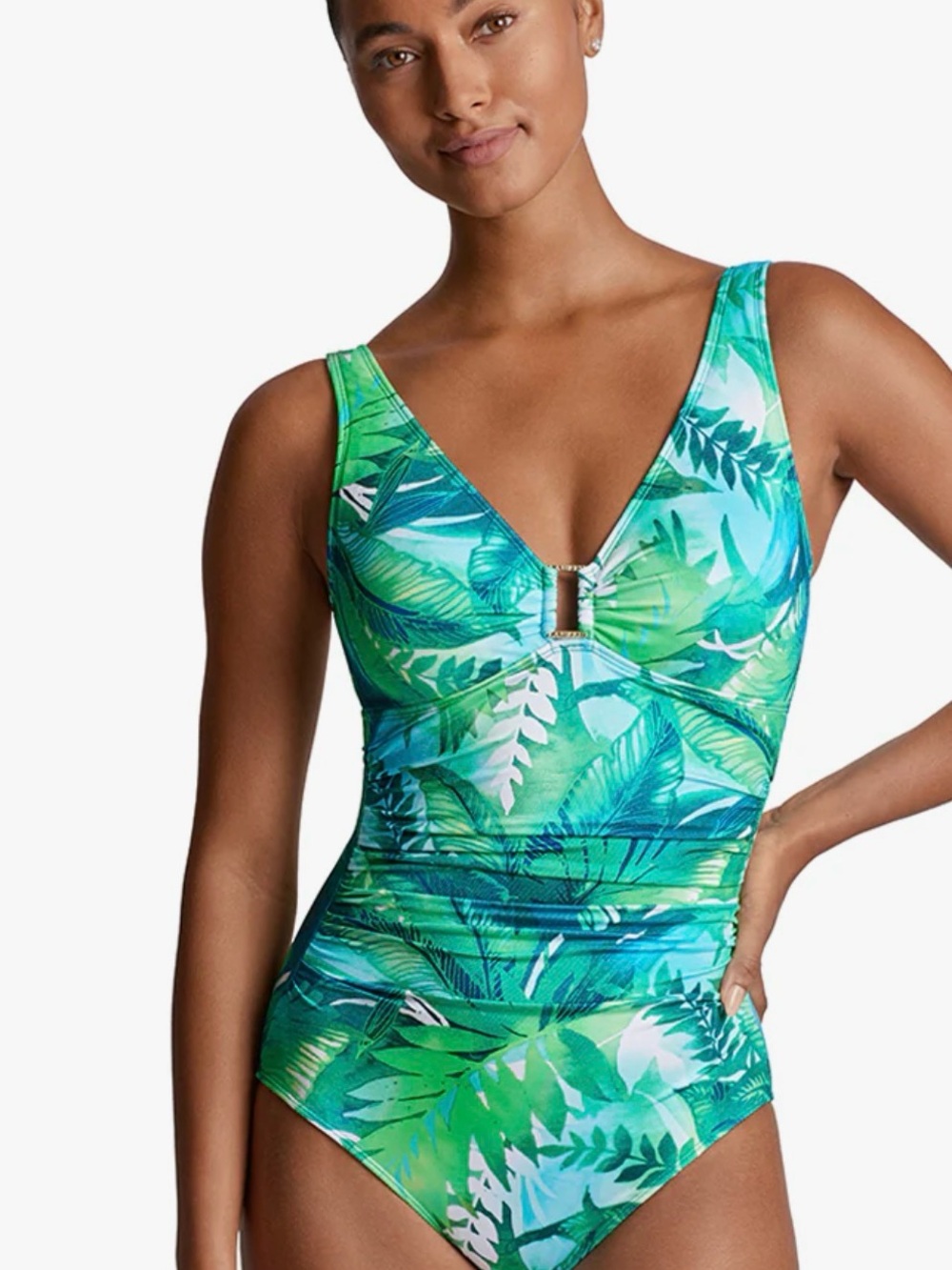 NWT Lauren Ralph Lauren Green Tropical Leaf V-Neck One-Piece Swimsuit Sz 8